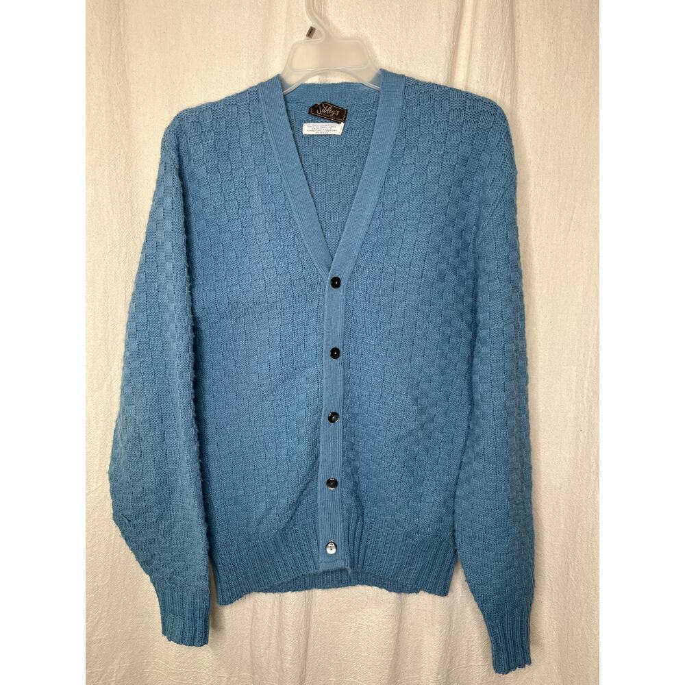 1960s Sibleys Orlon Dusty Blue Checker Textured Grunge Cobain Grandpa Cardigan L
